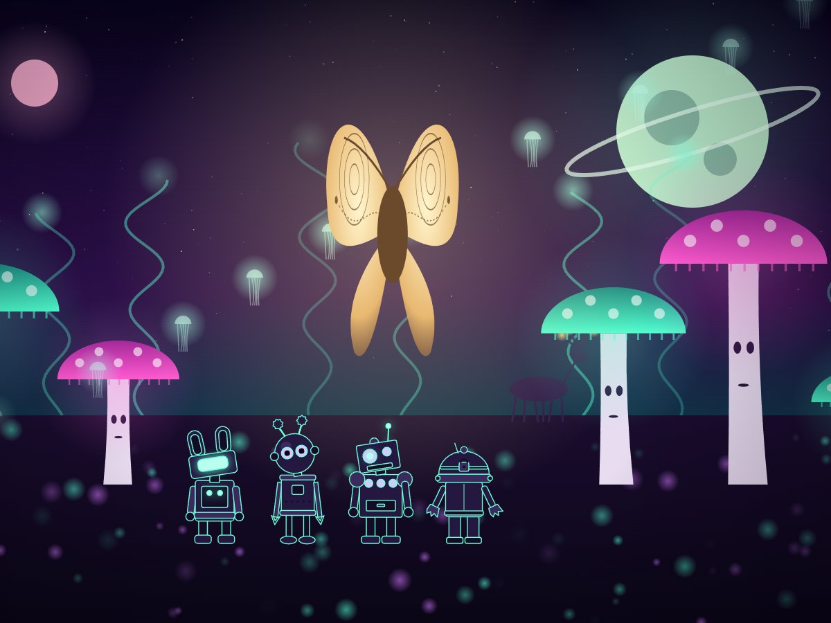 A giant moth over glowing mushrooms on a purple night
