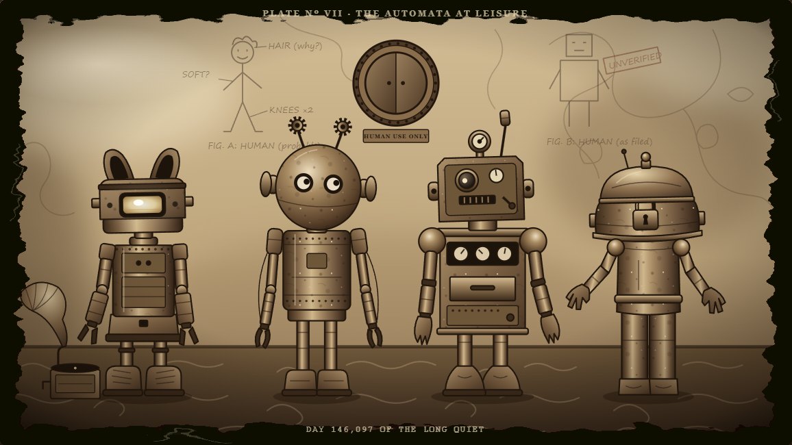 Four brass robots in a sepia tintype parlour