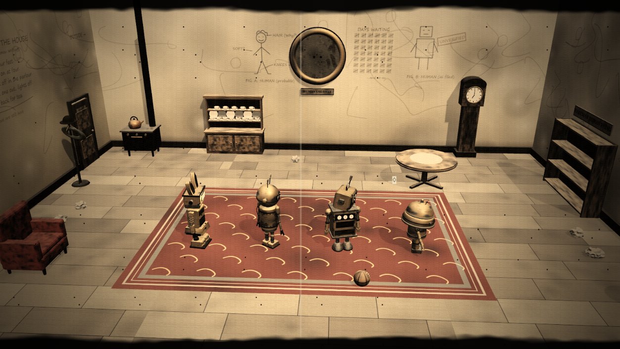 The robots' parlour in three dimensions, with a grandfather clock and a dresser