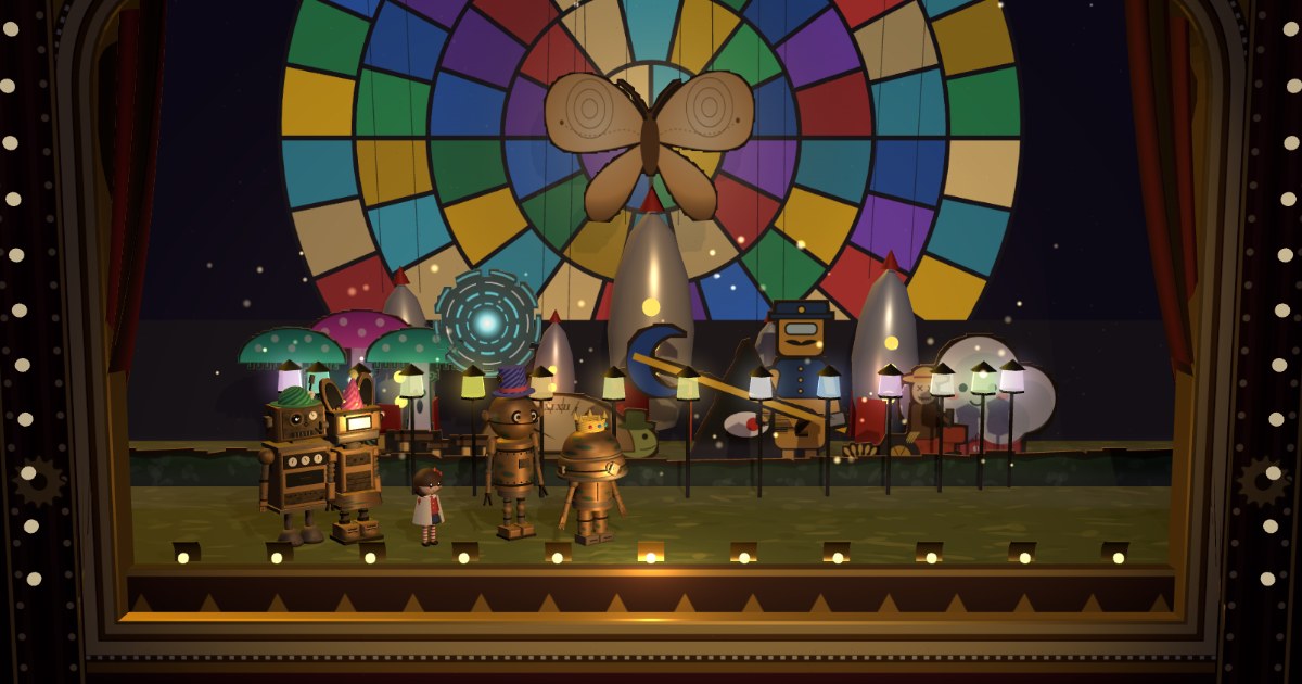 The four robots and a small girl on a toy-theatre stage under a stained-glass wheel