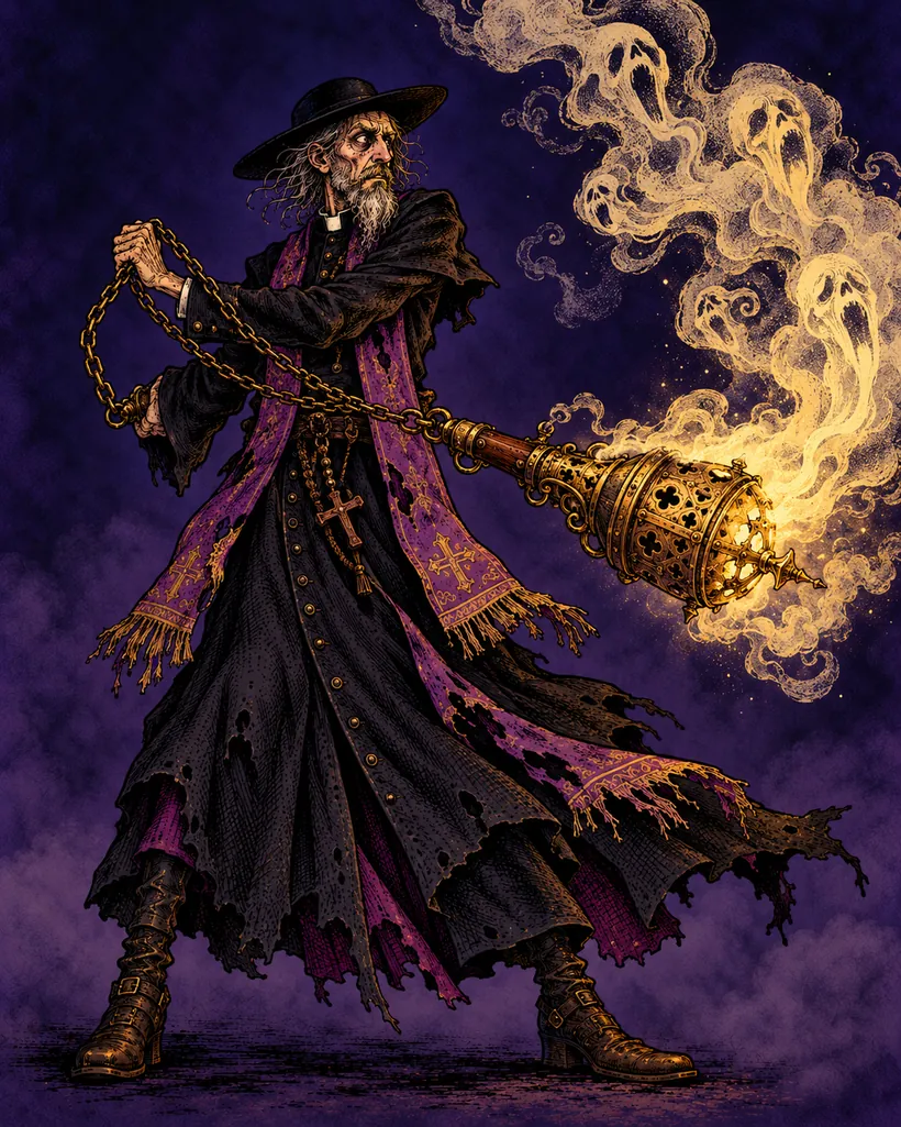 Father Mordecai Vane, the defrocked priest, with his censer flail-gun