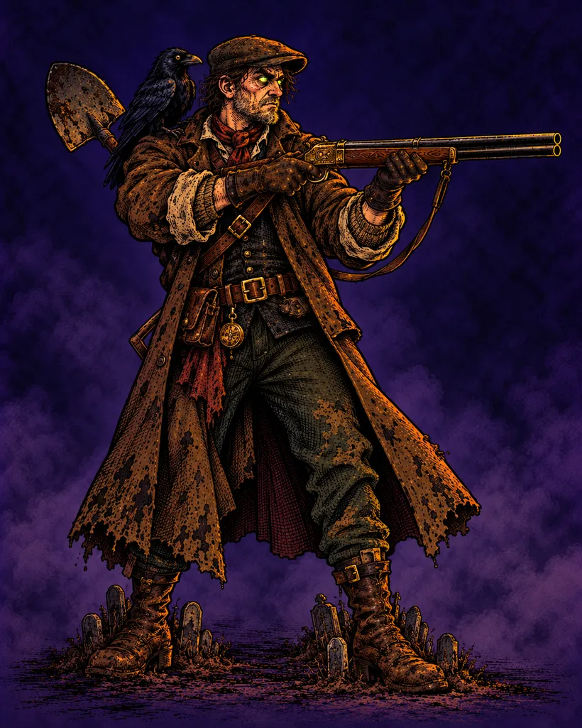 Silas Crowe, the gravedigger, with his grave-salt shotgun