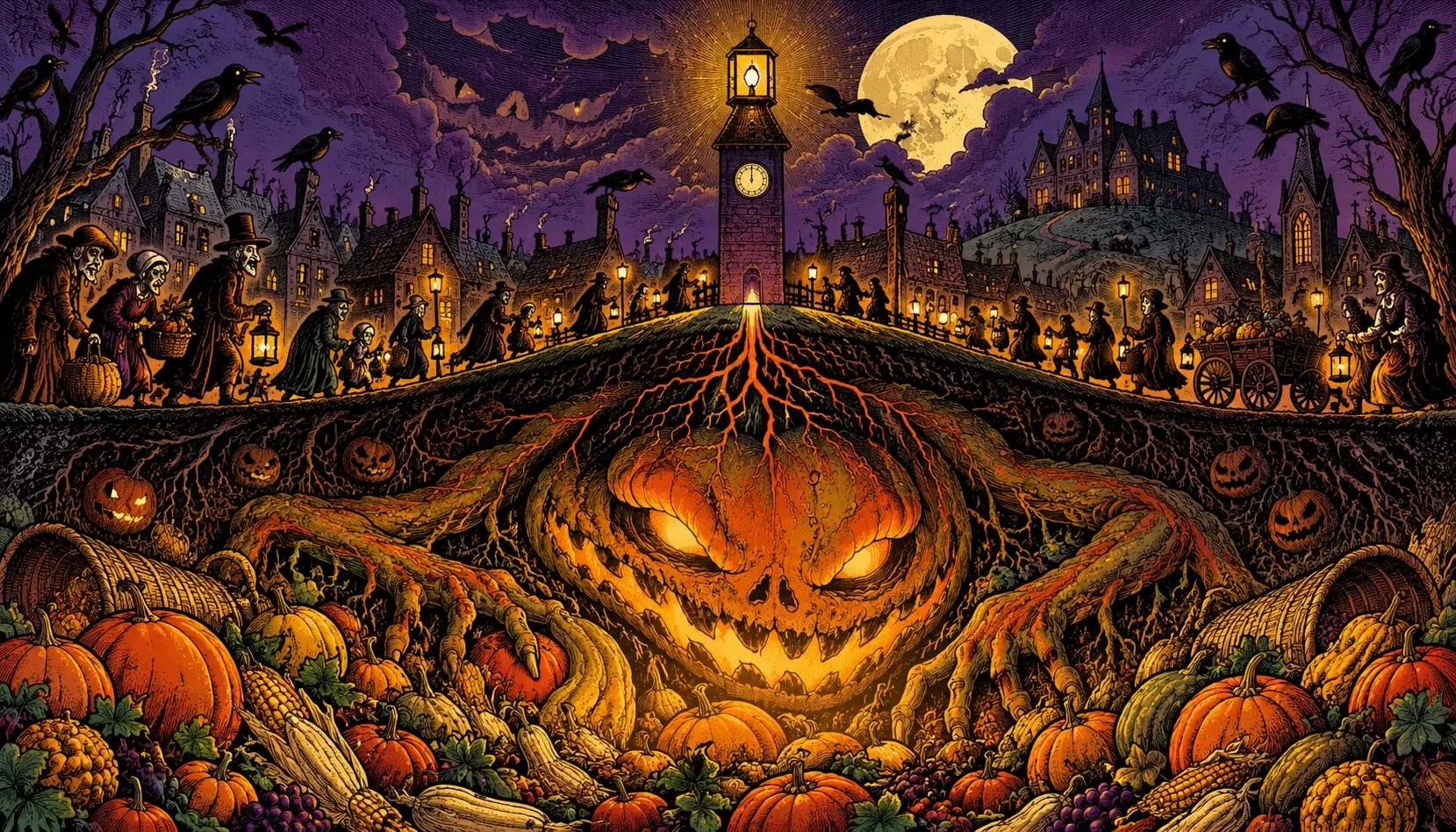 The Great Lantern burning on its clock tower above the town, with something vast and glowing in the roots beneath the hill